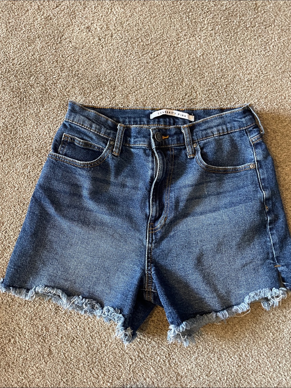 Celebrity Pink Frayed Hem High-Rise Denim Shorts in Blue Wash